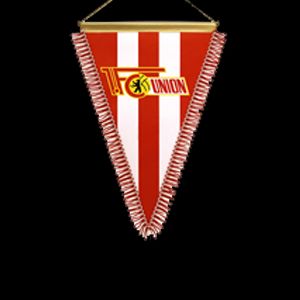 Fussball-Wimpel in Rot und Weiß mit dem Logo des FC Union Berlin und einer roten Fransenbordüre.