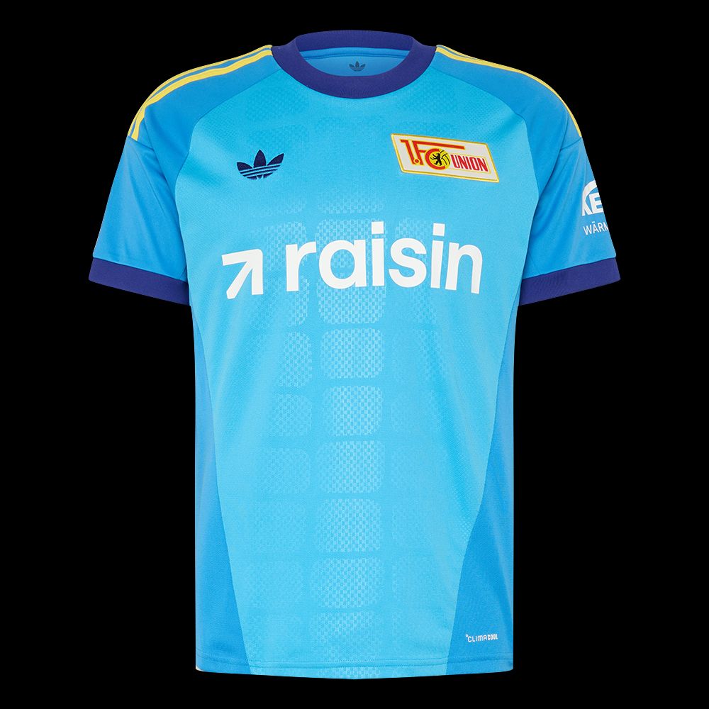 Blaues Fußballtrikot mit gelben Akzenten, dem Schriftzug "raisin" und dem Logo von "1. FC Union".