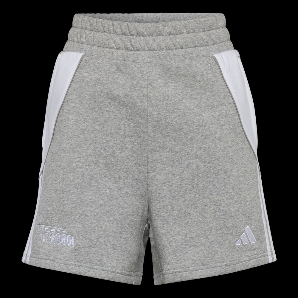Graue Sportshorts mit weißen Seiteneinsätzen und Adidas-Logo.
