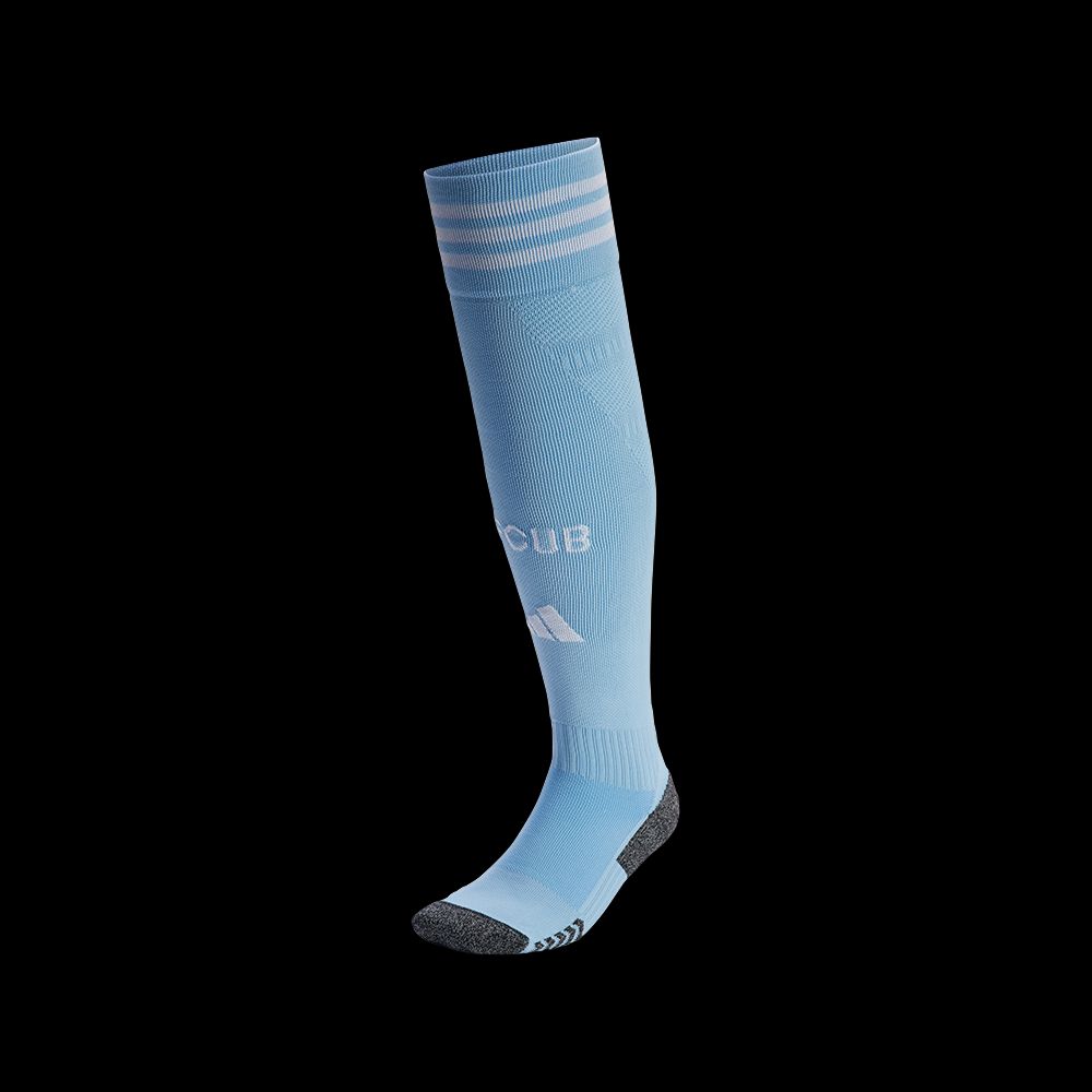 Blaue Fußballsocken mit weißen Streifen und einem Logo auf der Vorderseite.