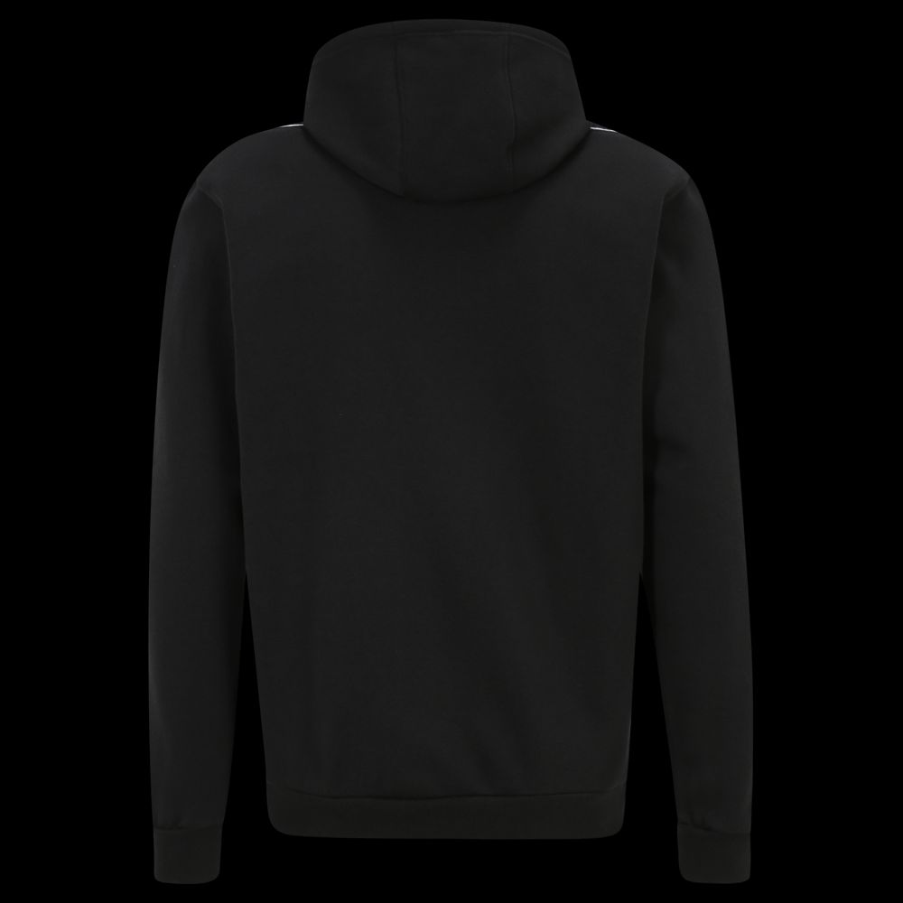 Schwarzer Kapuzenpullover von hinten, ohne sichtbare Details oder Aufdrucke.