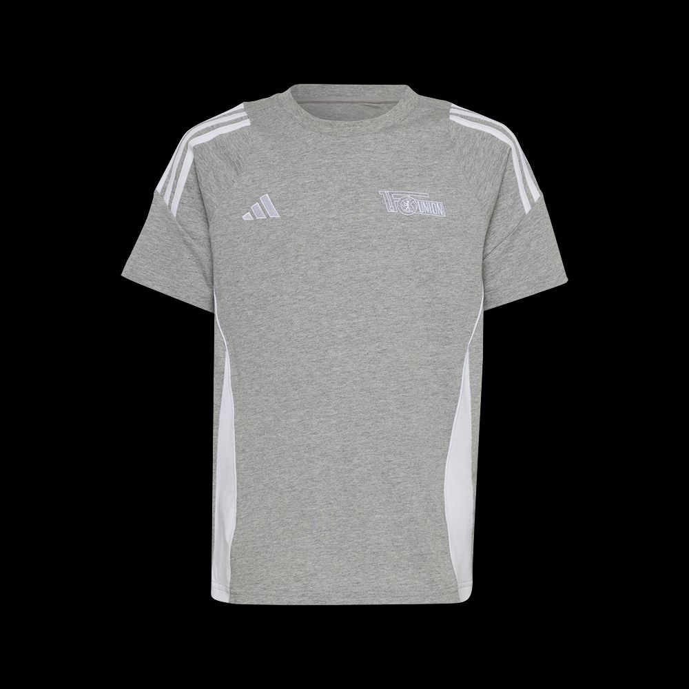Graues T-Shirt. Weiße Streifen an den Seiten. Mit Adidas-Logo. Steht "FC Gamin" drauf.