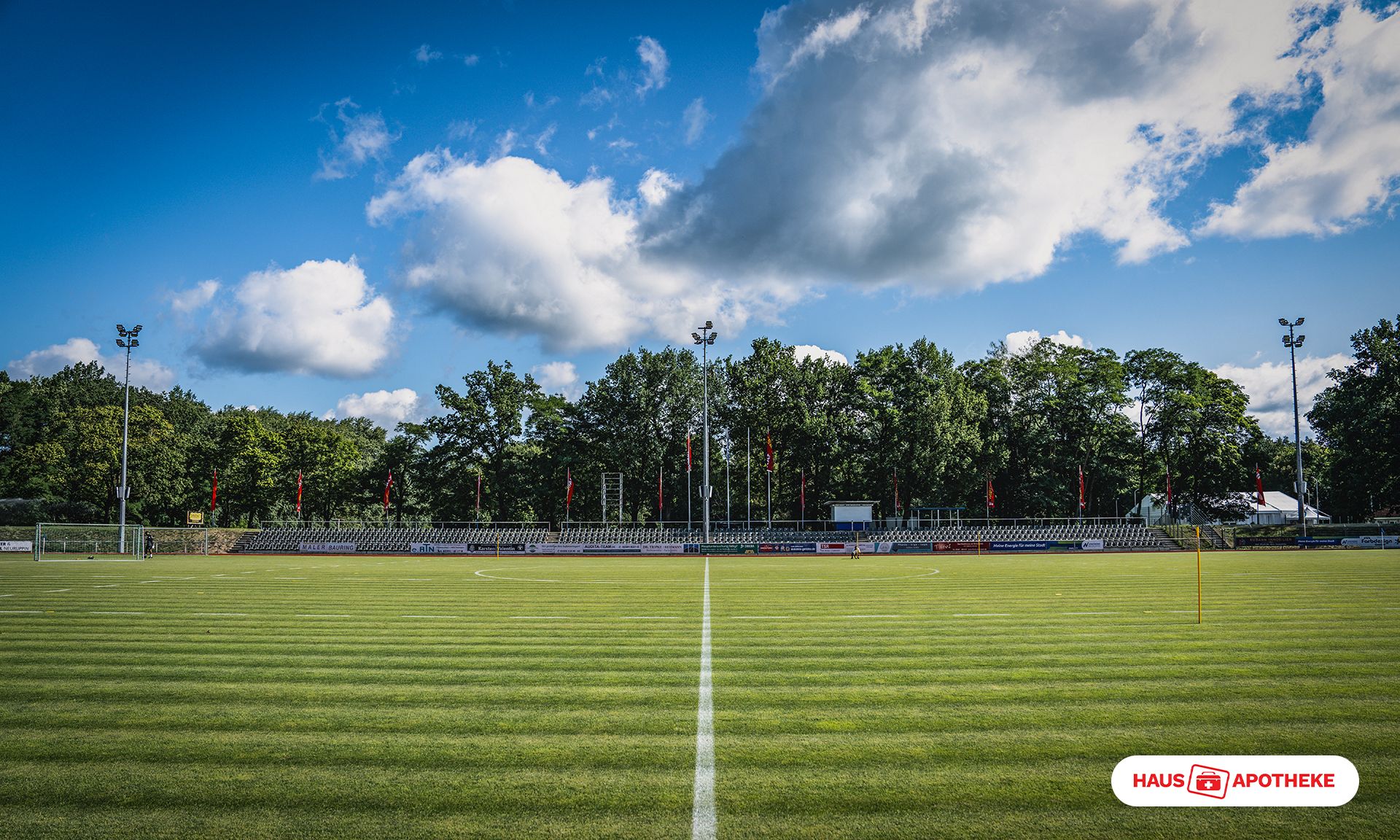 Grünes Fußballfeld mit markierten Linien, umgeben von Bäumen und einem klaren blauen Himmel mit vereinzelten Wolken.