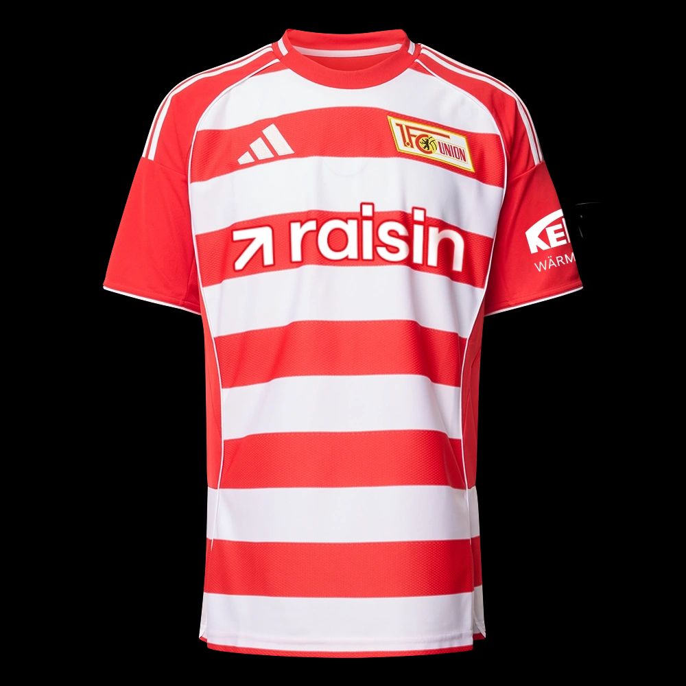 Rotes Fußballtrikot mit weißen Streifen, Logo von "1. FC Union Berlin" und Schriftzug "raisin".