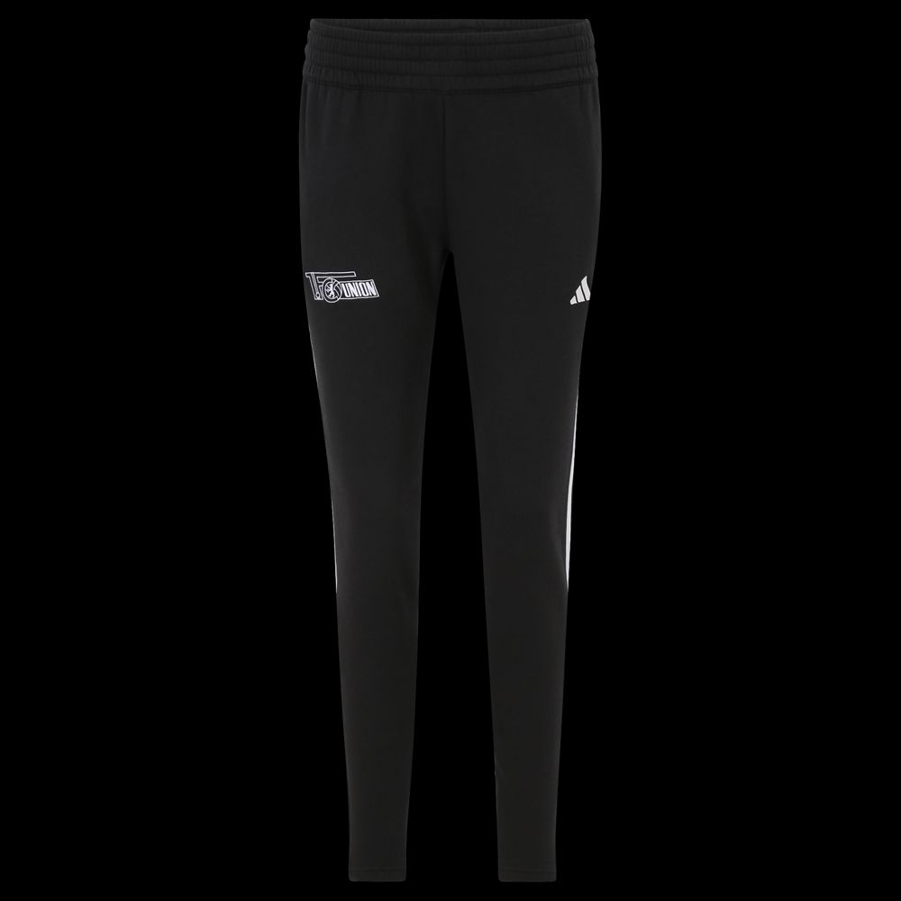 Schwarze Sporthose mit Logos von 1. FC Union Berlin und Adidas an der Vorderseite.