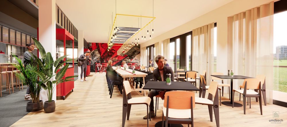 Moderne Innenansicht eines Restaurants mit Holzboden, Tischen, Stühlen und leuchtenden Wandelementen. Große Fenster lassen viel Licht herein.