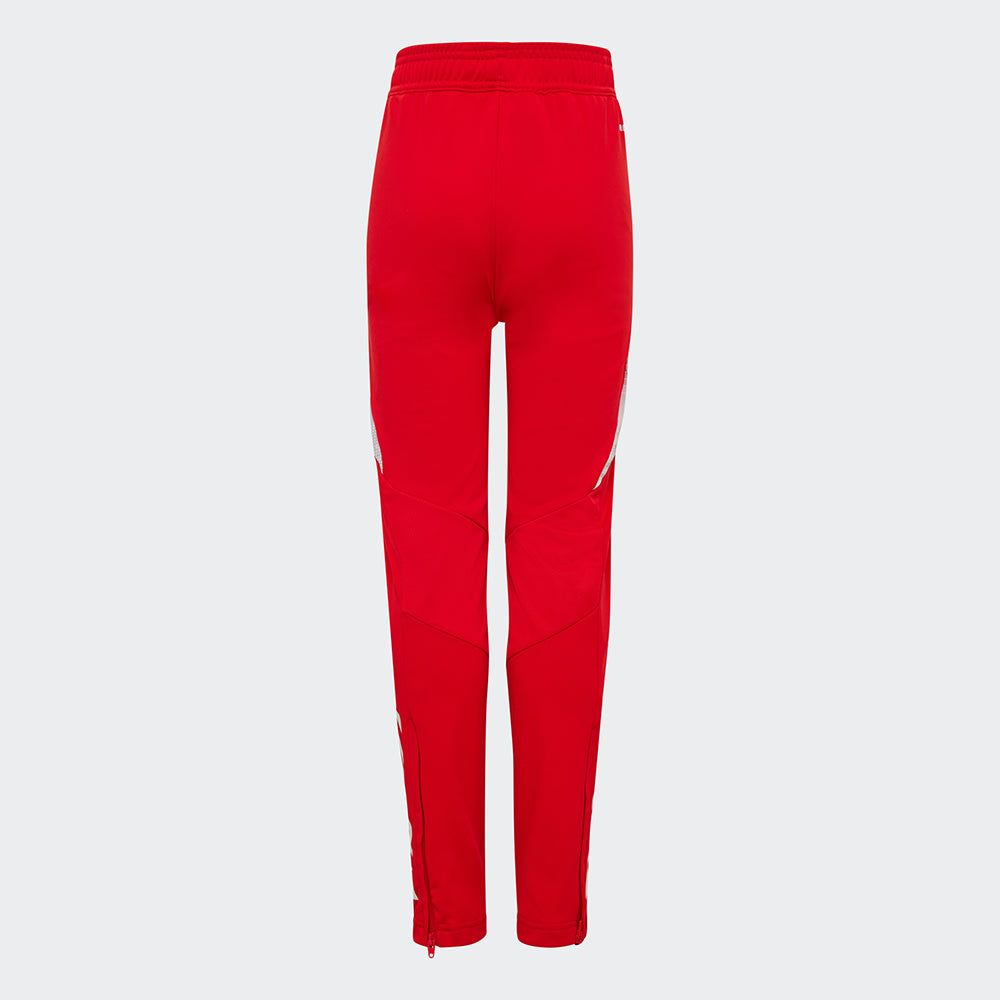 Rote Sporthose mit elastischem Bund und seitlichen Reißverschlüssen, schmal geschnitten.
