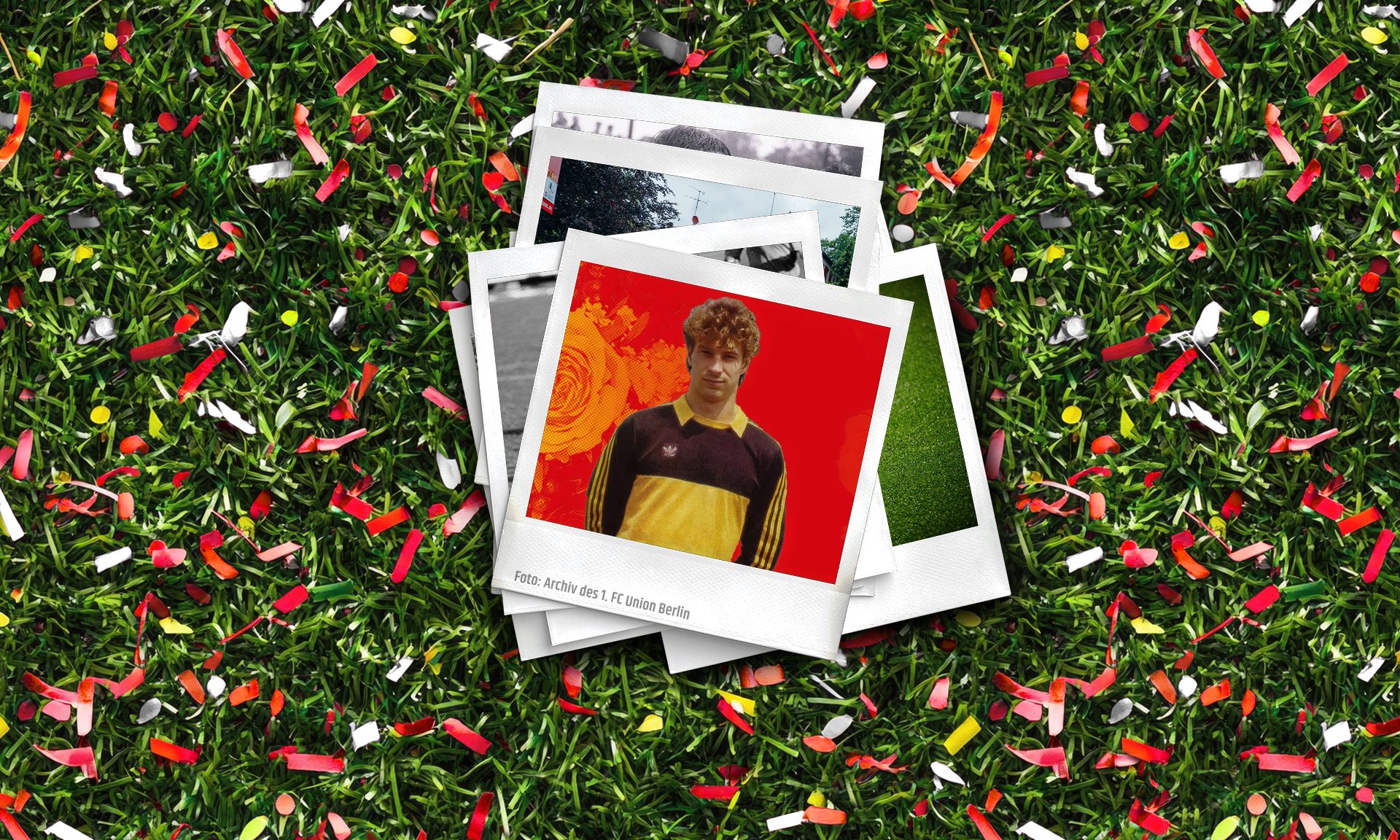 Polaroid-Fotos auf grünem Rasen mit bunten Konfetti-Stücken, eines zeigt einen Jugendlichen in Sportkleidung.
