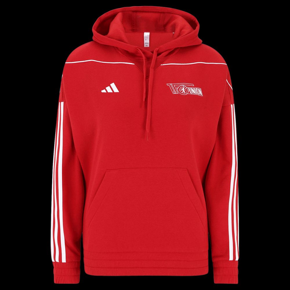 Roter Kapuzenpullover mit weißen Streifen und Logo von FC Union Berlin.