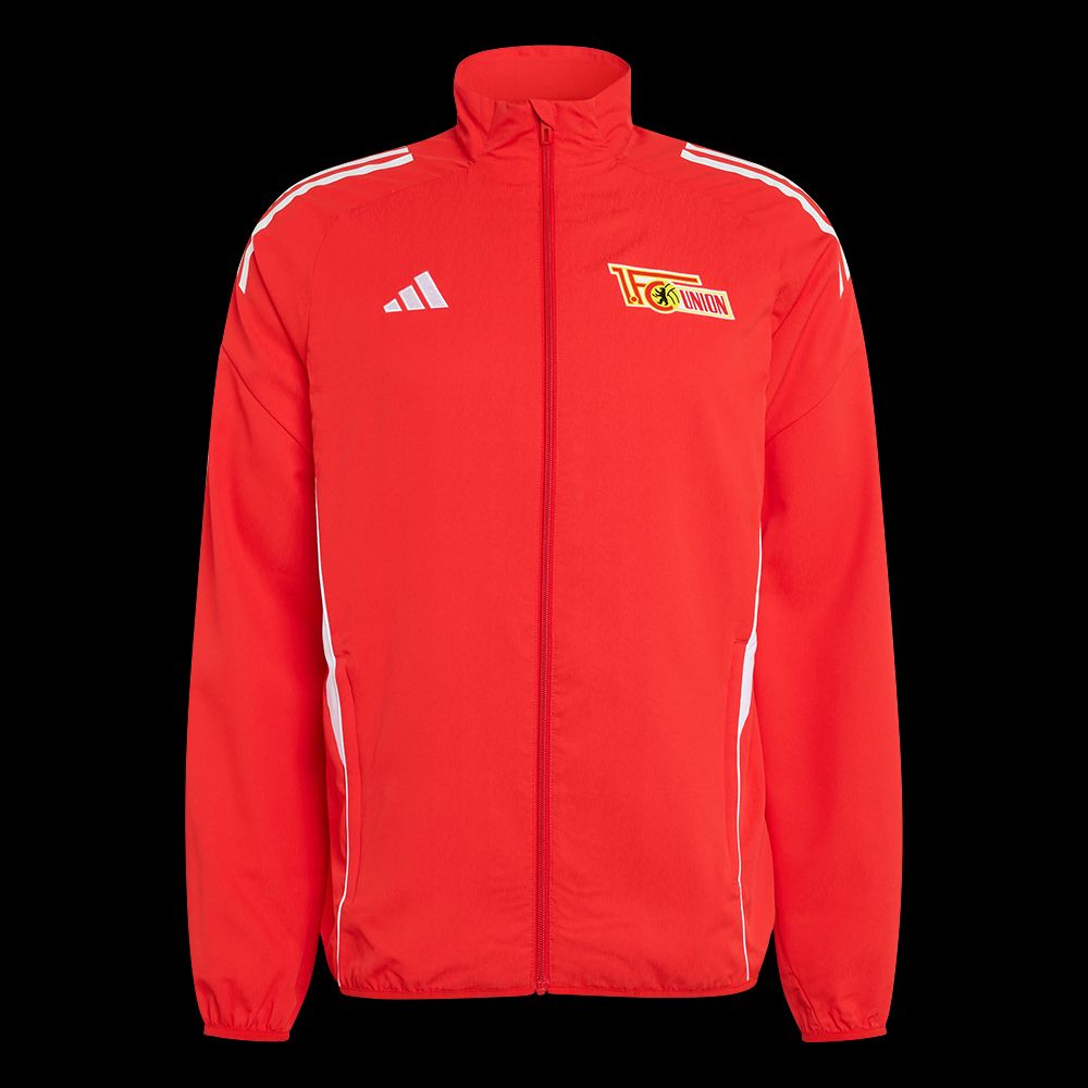 Rote Trainingsjacke mit weißen Streifen und einem Logo von Union Berlin.