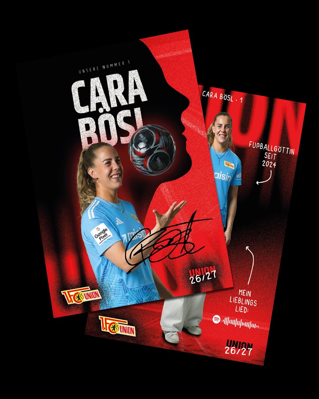 Bild einer Fußballsammelkarte mit der Aufschrift "Cara Bösil", einem Fußball und einer Spielerin in Torwartausrüstung.