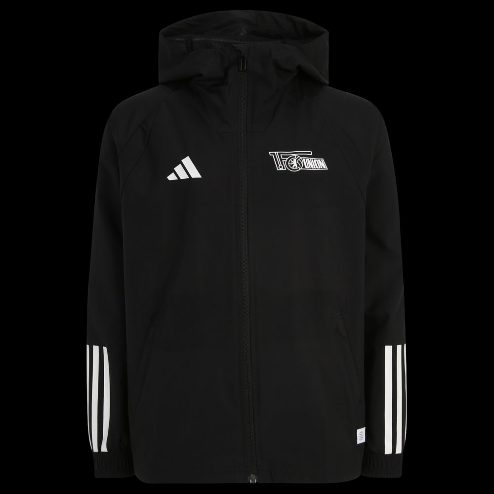 Schwarze Jacke mit Kapuze und weißen Streifen, versehen mit dem Logo von FC Union und dem Adidas-Symbol.