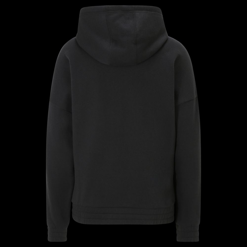 Schwarzer Hoodie von hinten, mit Kapuze und langen Ärmeln.