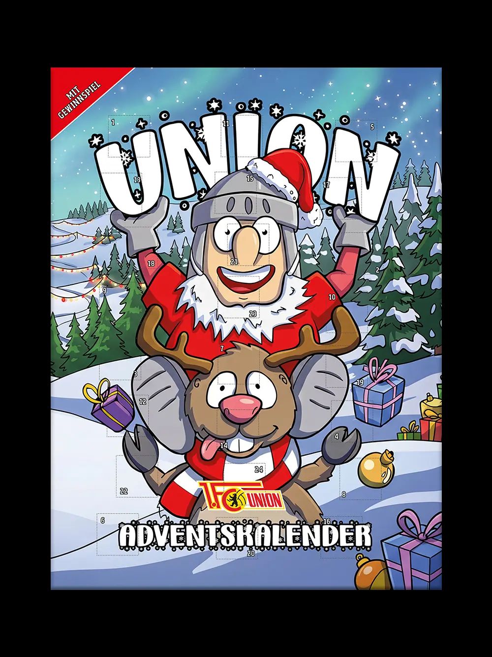 Adventskalender mit einem cartoonhaften Weihnachtsmann und einem Rentier vor einer verschneiten Landschaft, umgeben von Geschenken.