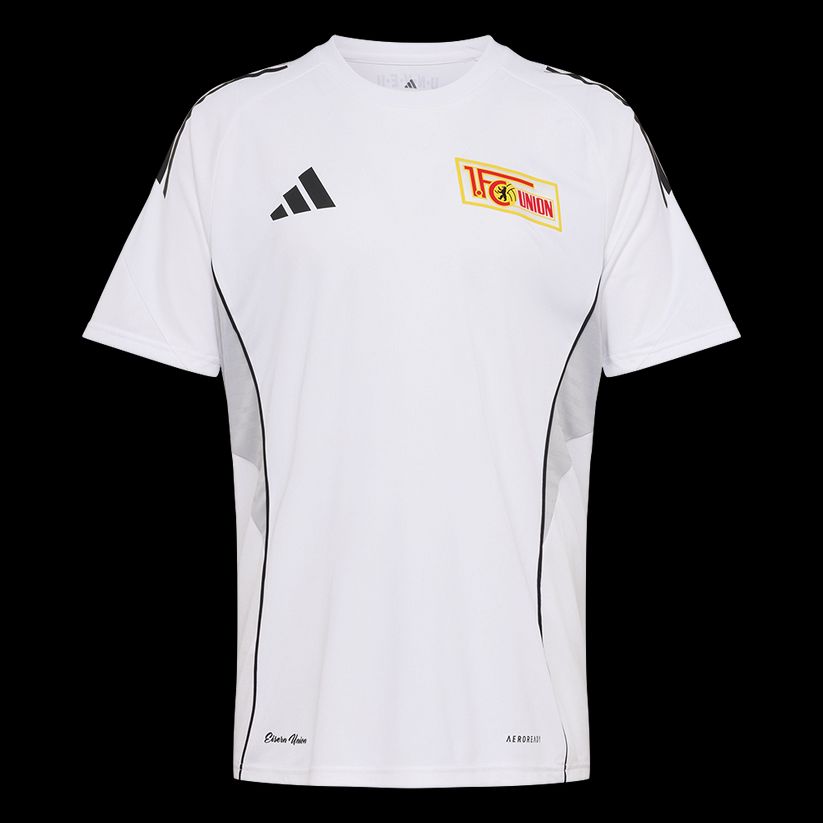 Weißes T-Shirt mit schwarzem Rand und dem Logo von 1. FC Union Berlin sowie dem Adidas-Schriftzug.