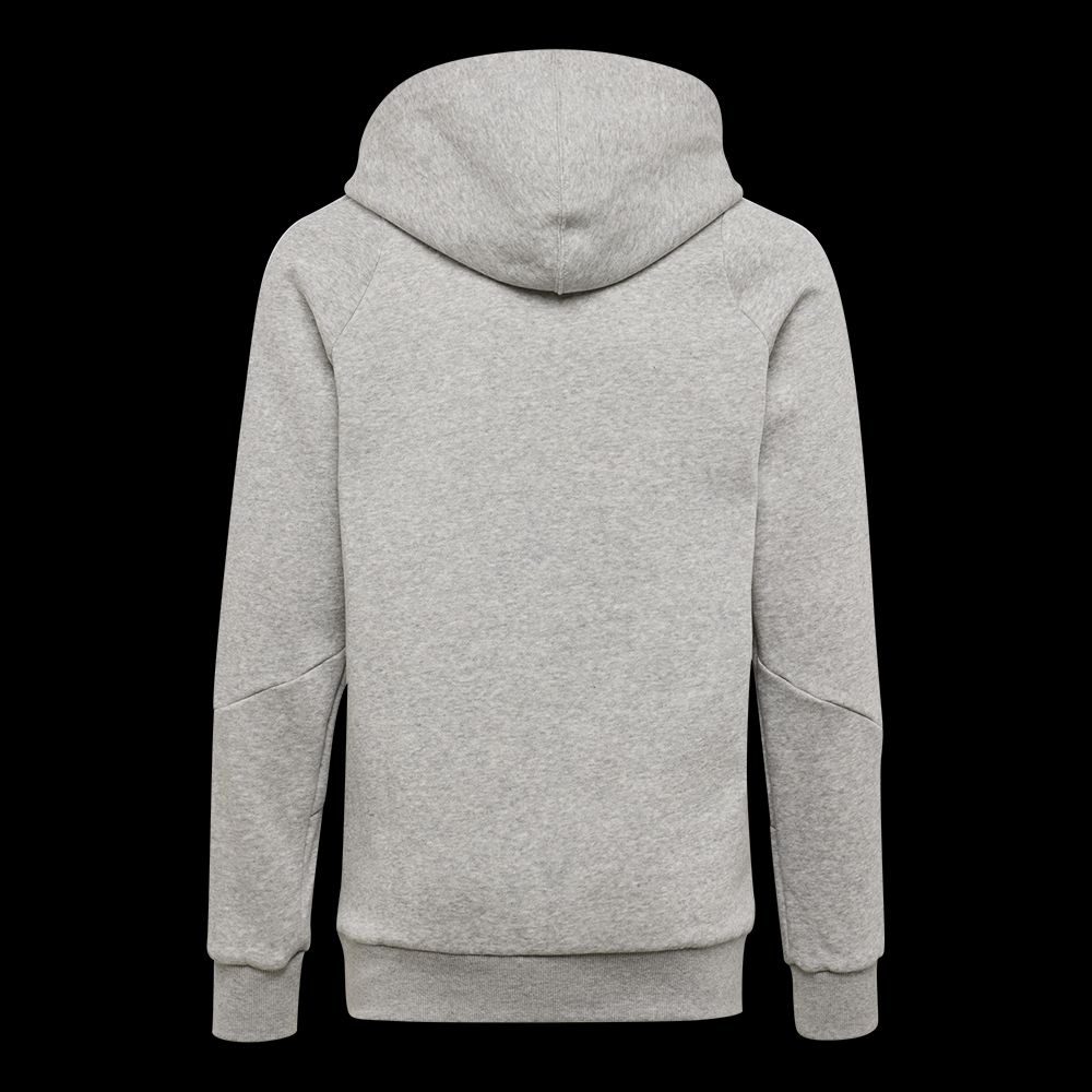 Graue Sweatjacke aus Fleece mit Kapuze, Rückansicht.