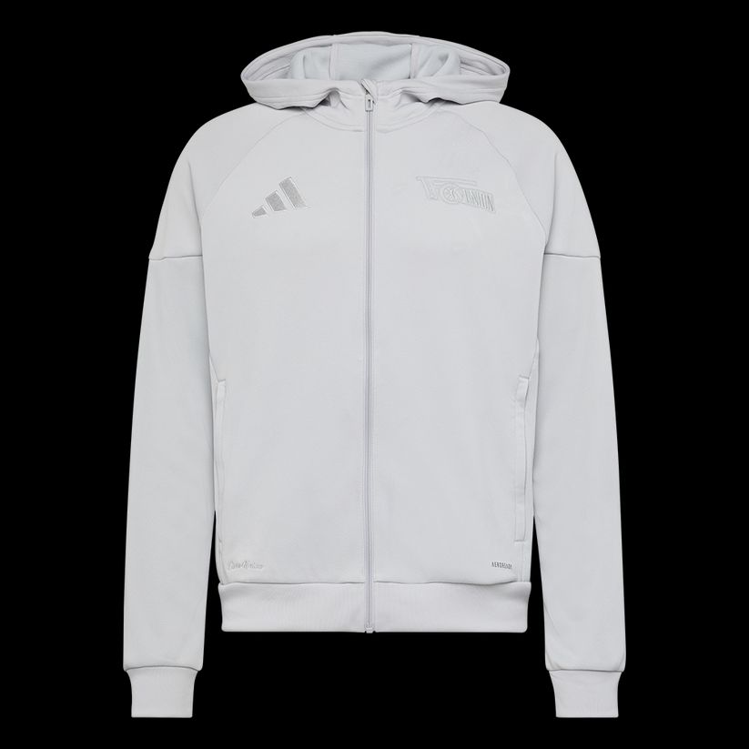 Graue Kapuzenjacke mit adidas-Logo und Reißverschluss, aus sportlichem Material.