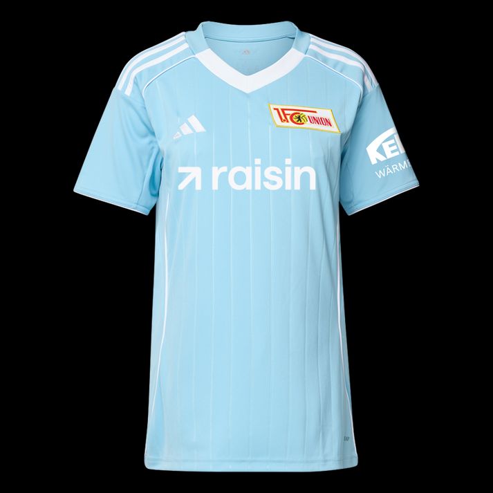 Helles, himmelblaues Fußballtrikot mit weißen Akzenten und Logo des 1. FC Union Berlin.