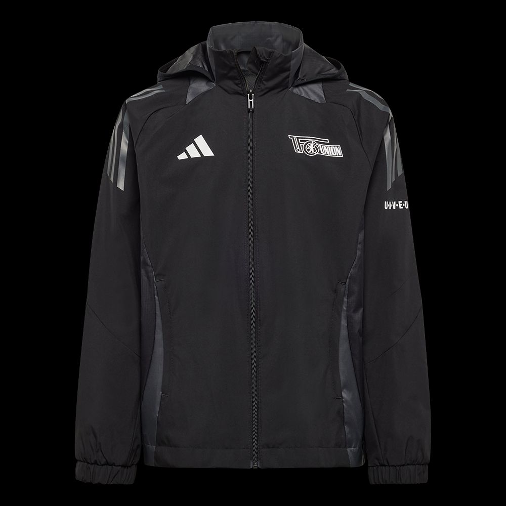 Schwarze Sportjacke mit einer Kapuze. Sie hat graue Details und ein adidas-Logo vorne.