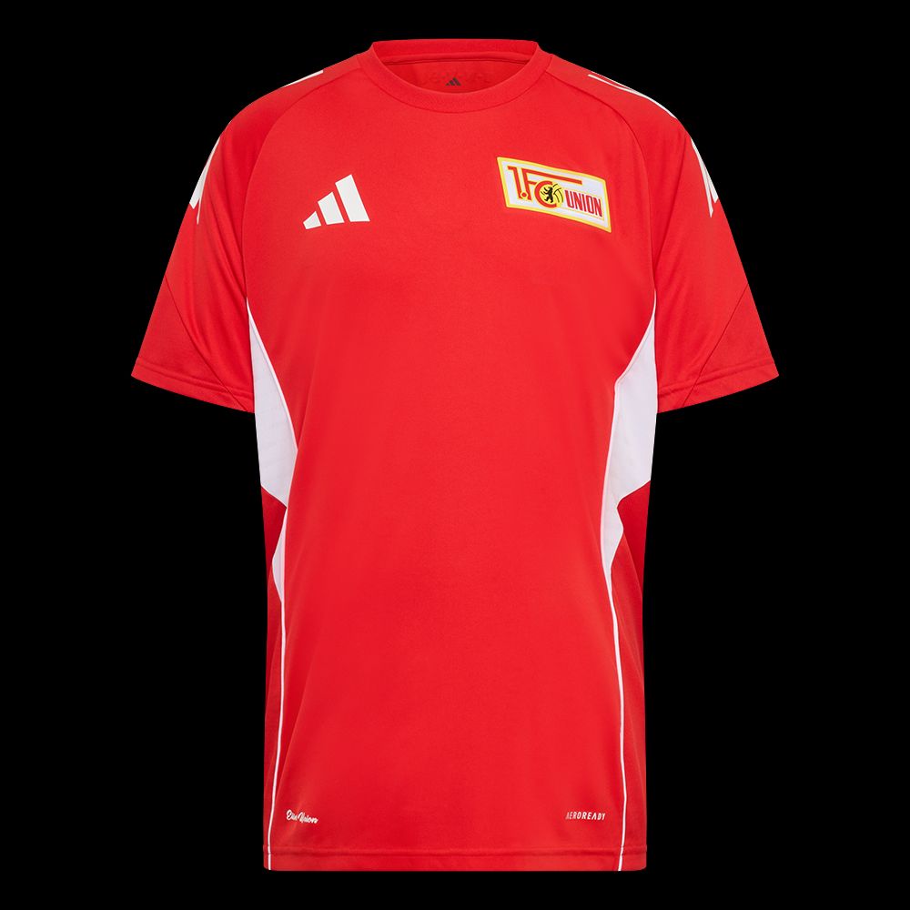Rotes Fußballtrikot mit weißen Akzenten und dem Logo von 1. FC Union Berlin.