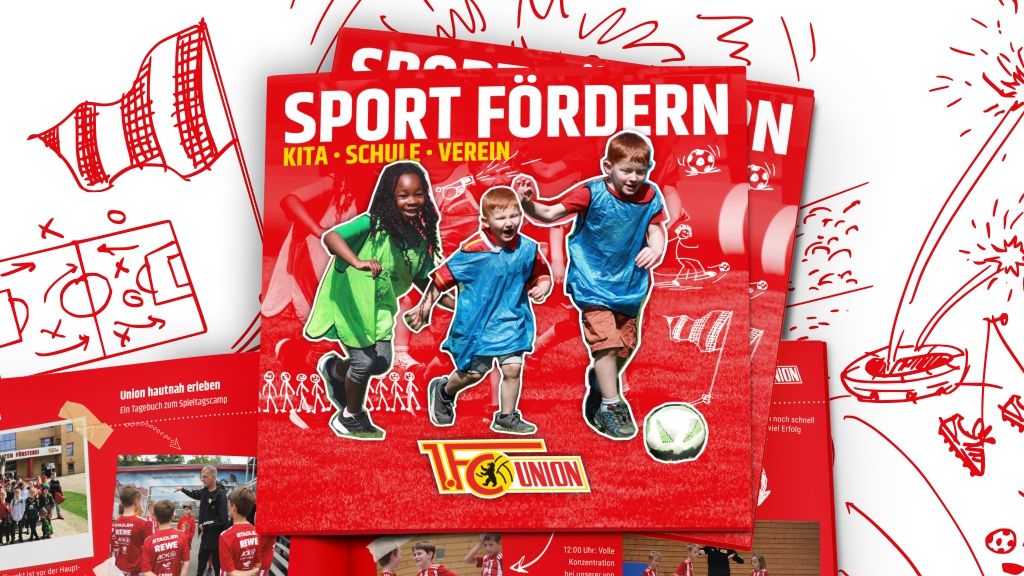Drei Kinder in bunten Sportoutfits spielen auf einem Sportplatz, umgeben von Illustrationen und dem Schriftzug „Sport fördern“.