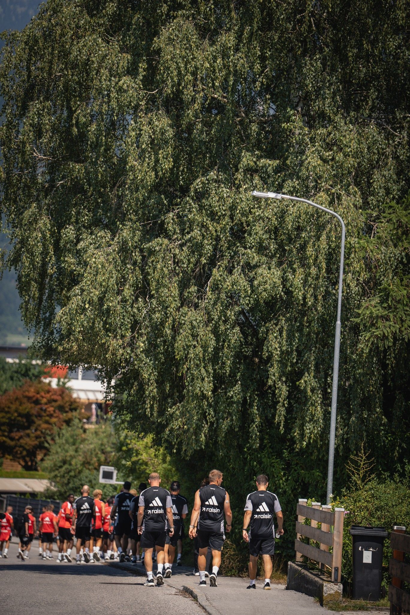 Gruppierung von Personen in Sportkleidung, die auf einem Weg unter einem Baum entlang gehen. Im Hintergrund sind weitere Personen sichtbar.