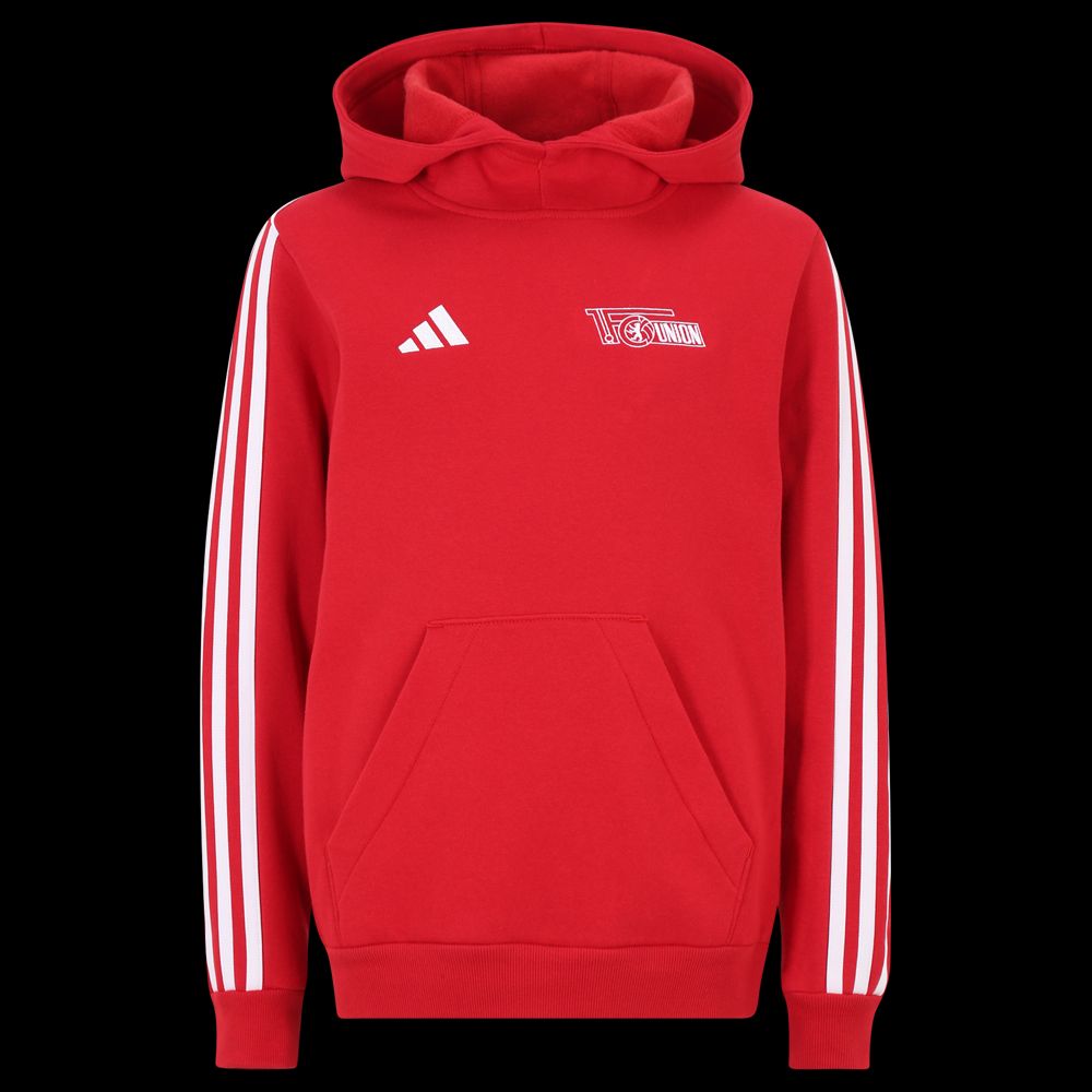 Roter Hoodie mit Kapuze, weißen adidas-Streifen an den Ärmeln und einem Teamlogo vorne auf der Brust.