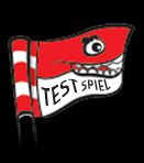 Buntes Logo mit einer Wimpelform, rot mit weißen Streifen und einem schelmisch blickenden Fisch im Hintergrund. Text: "TEST SPIEL".