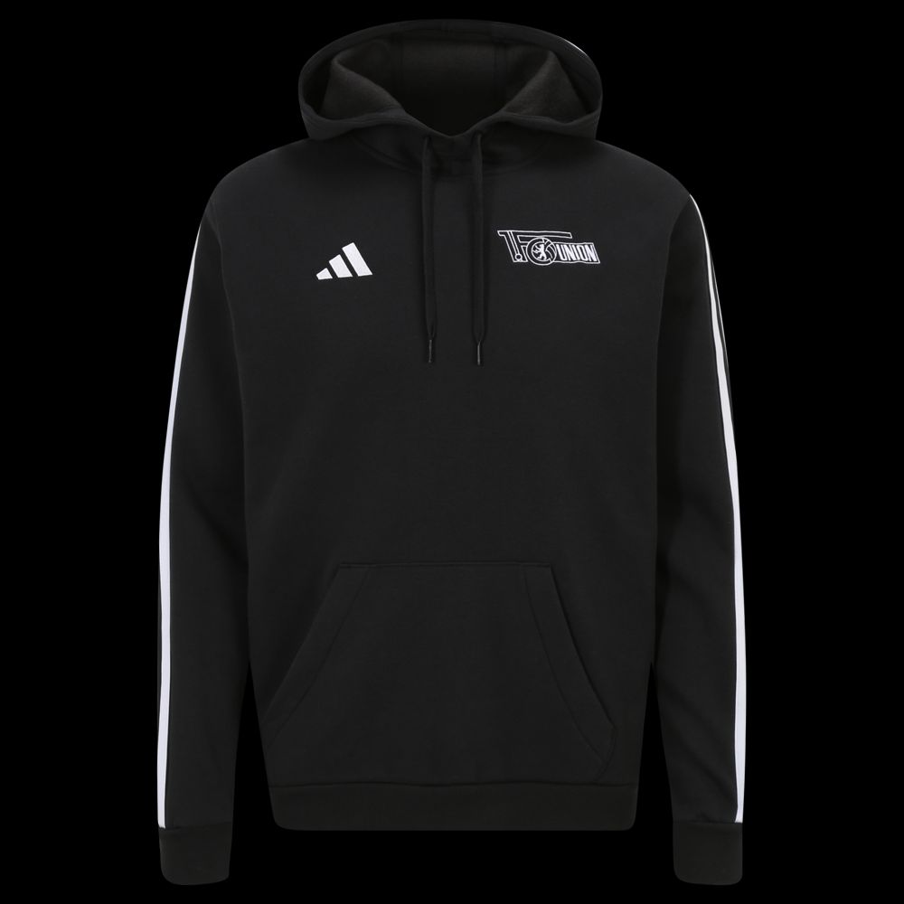 Schwarzer Hoodie mit Kapuze. Er hat ein Adidas-Logo. Auf der Vorderseite steht "FC Union" in Weiß.
