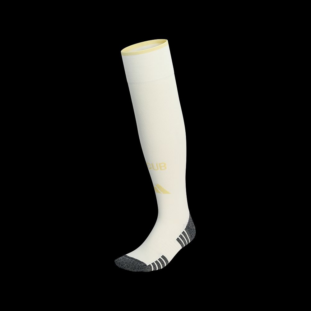 Weiße Sportsocke mit schwarzem und gelbem Design, die bis zum Knie reicht.