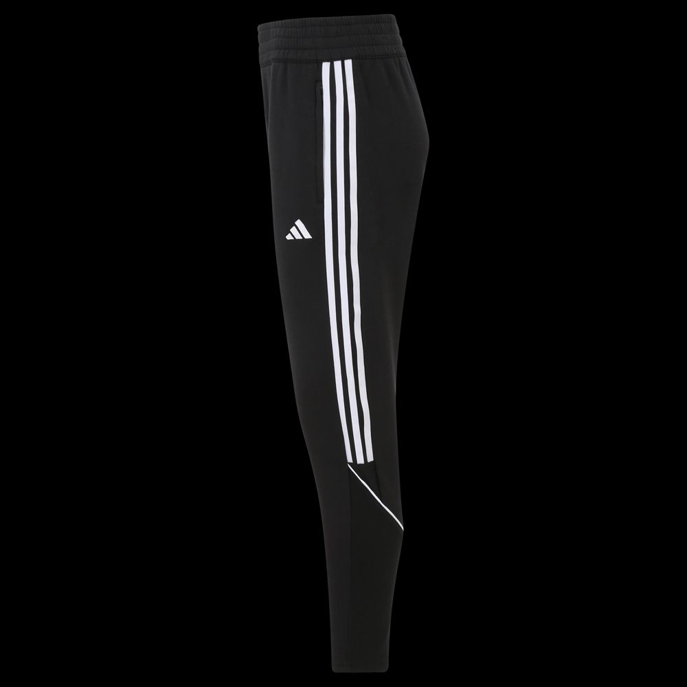 Schwarze Sporthose mit weißen Streifen an den Seiten und dem Adidas-Logo oben rechts.