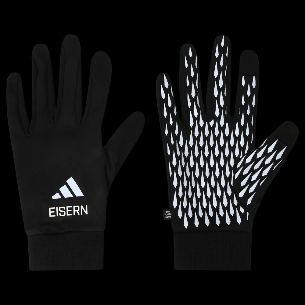 Schwarze Handschuhe. Sie haben helle Teile, ein Logo und ein spezielles Muster auf der Handinnenseite.
