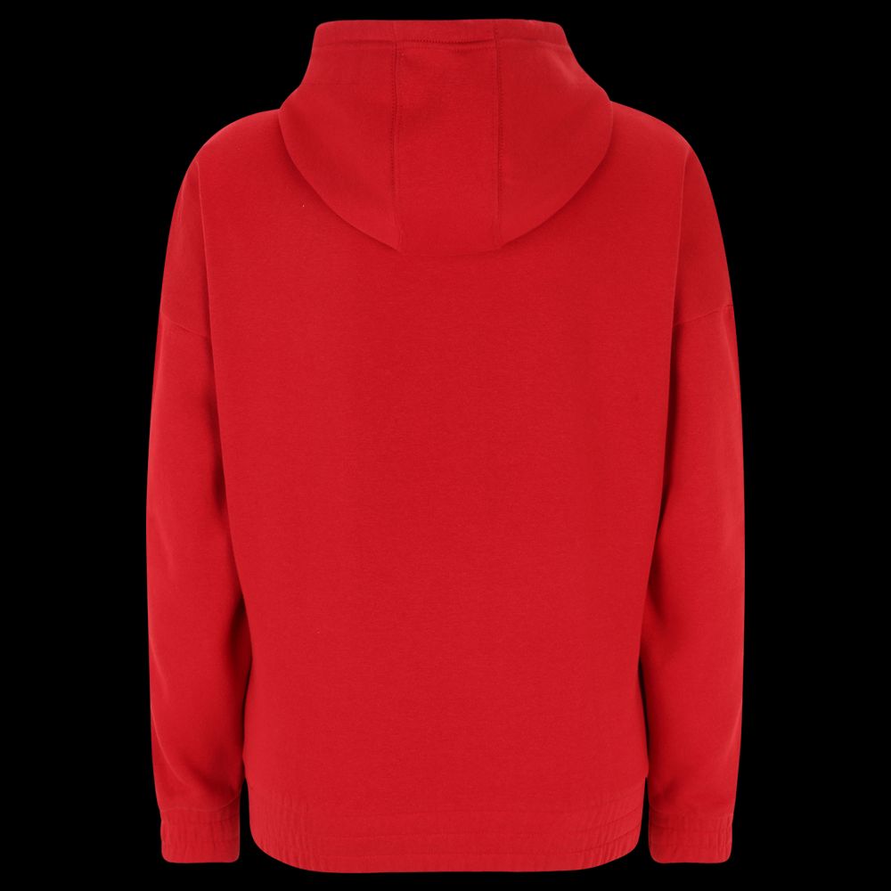 Rote Kapuzenpullover-Rückansicht ohne zusätzliche Details oder Muster.