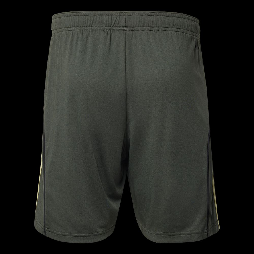Dunkelgrüne Shorts aus sportlichem Material, Ansicht von hinten.