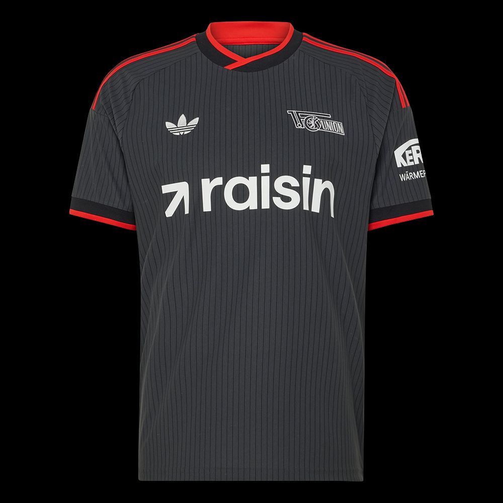 Schwarz-graues Fußballtrikot mit roten Details und Sponsoring-Logo "raisin".