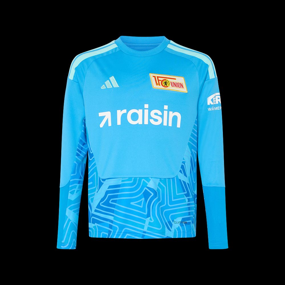 Blauer Sporttrikot mit langen Ärmeln, Logo von „1. FC Union“ und „raisin“ Aufdruck, geometrisches Muster in niedrigerer Sättigung.