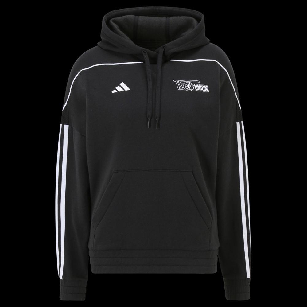 Schwarzer Hoodie mit Kapuze. Er hat weiße Streifen an den Ärmeln und ein Adidas-Logo auf der Brust.