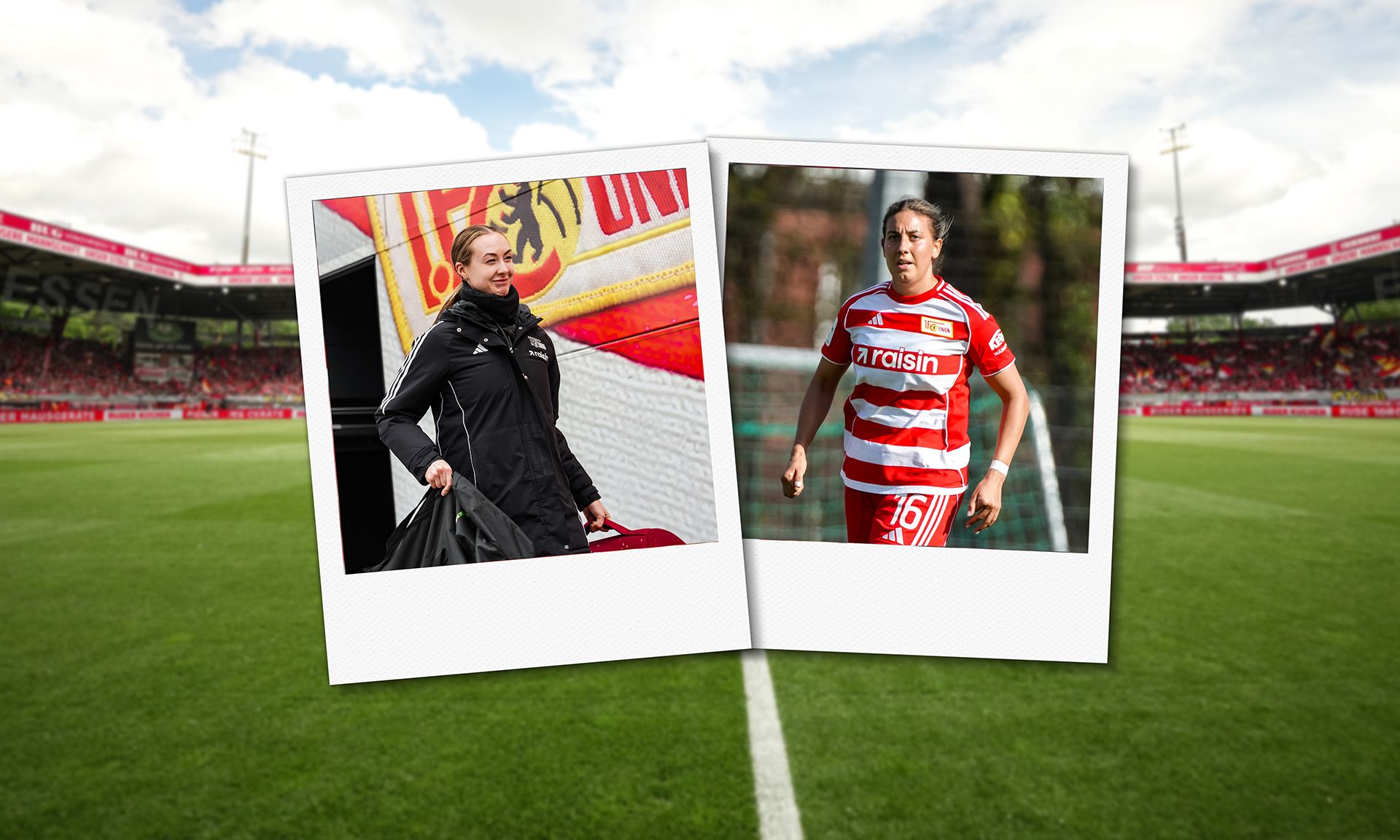 Zusammenschnitt von zwei Fotos: Eine Person betritt das Stadion, eine andere spielt Fußball auf dem Spielfeld.