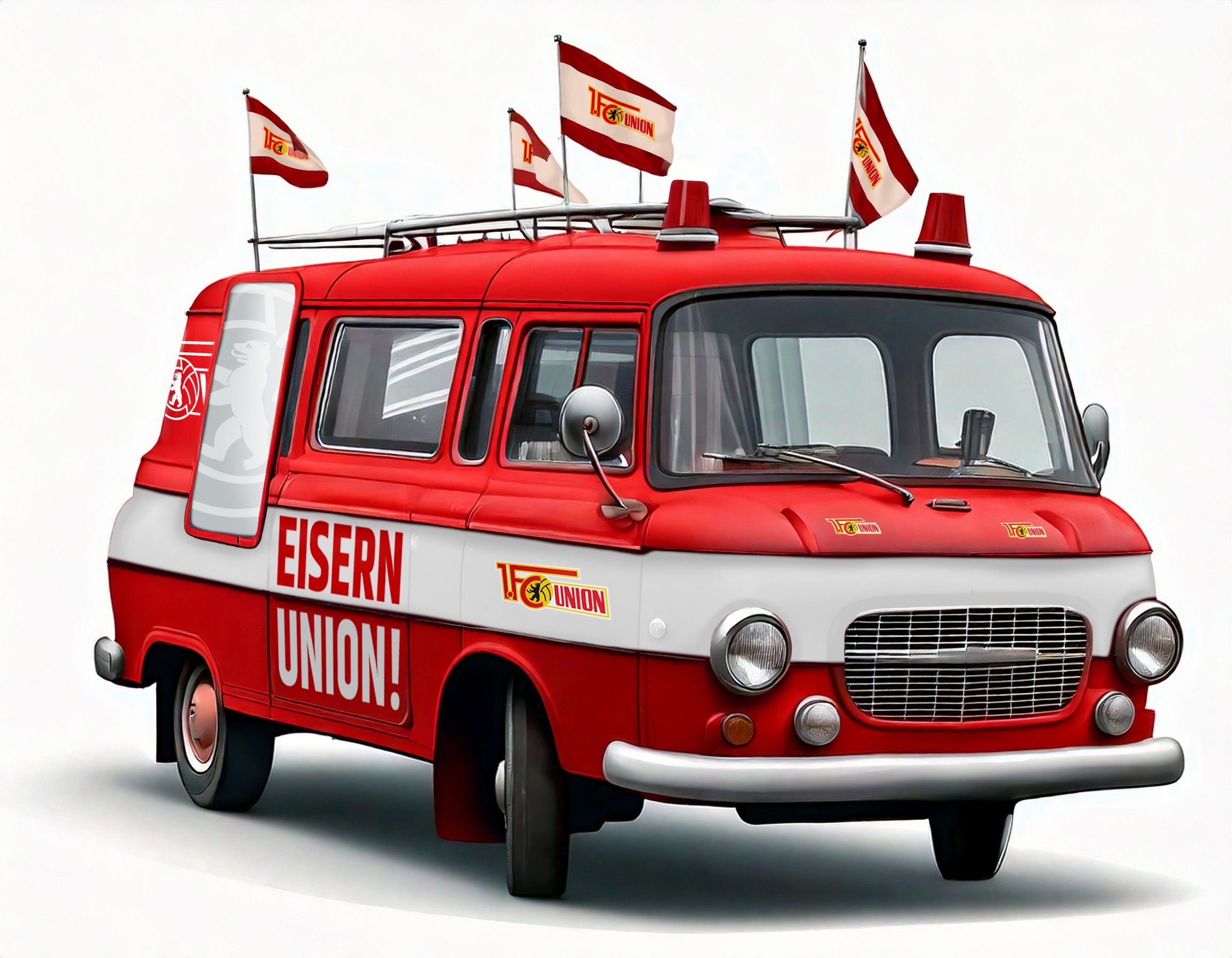 Roter Lieferwagen mit dem Schriftzug "EISERN UNION!" und mehreren Fahnen auf dem Dach.