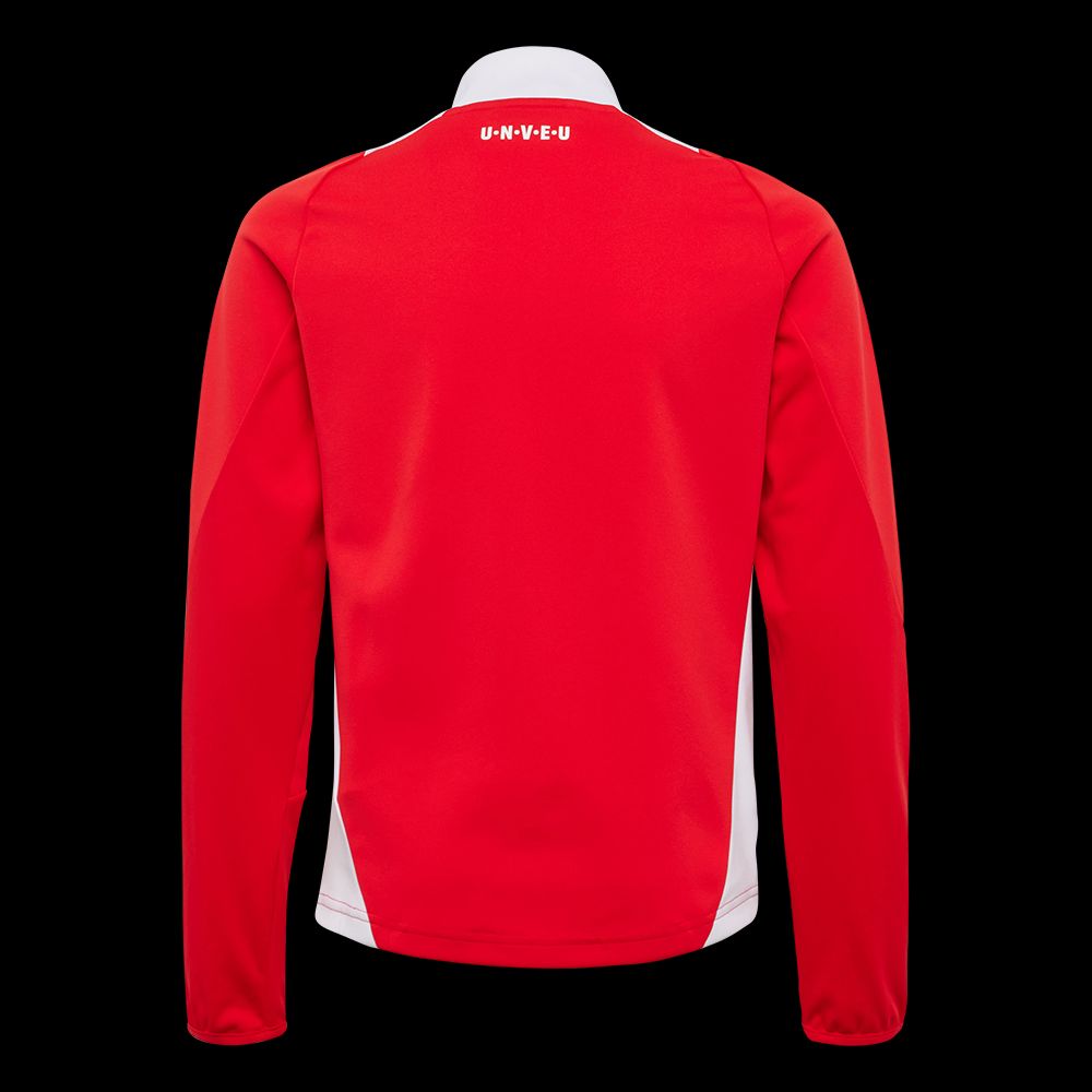 Rotes Sweatshirt. Lange Ärmel. Auf der Rückseite steht "UN-N-V-E-U".