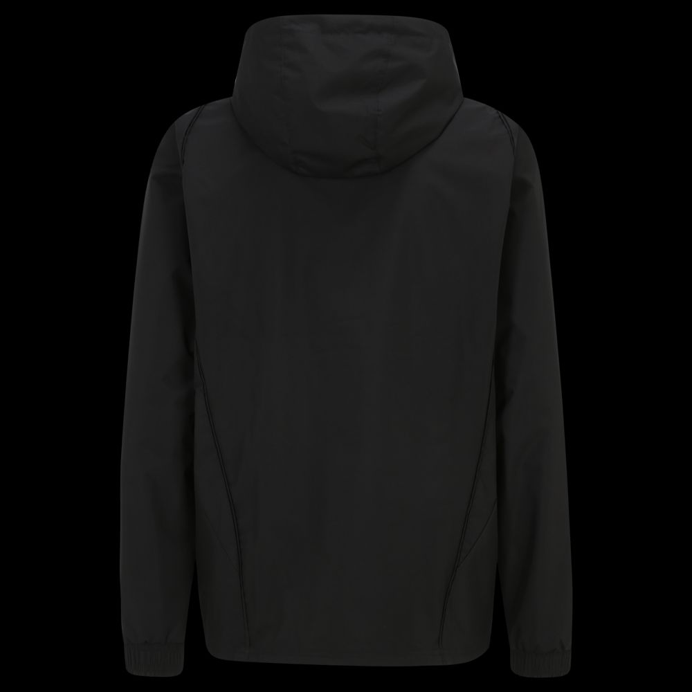 Schwarze Jacke mit Kapuze, Ansicht von hinten.