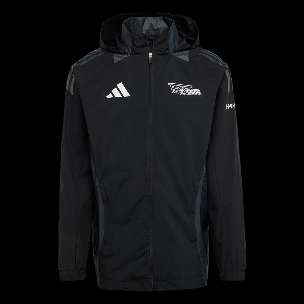 Schwarze Sportjacke mit Kapuze und Adidas-Logo, grauen Details und dem Schriftzug "FC Union".