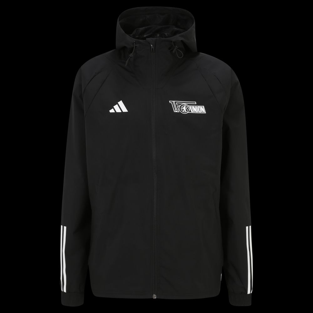 Schwarze Sportjacke mit Kapuze, Adidas-Logo und weißem Vereinslogo auf der Brust.