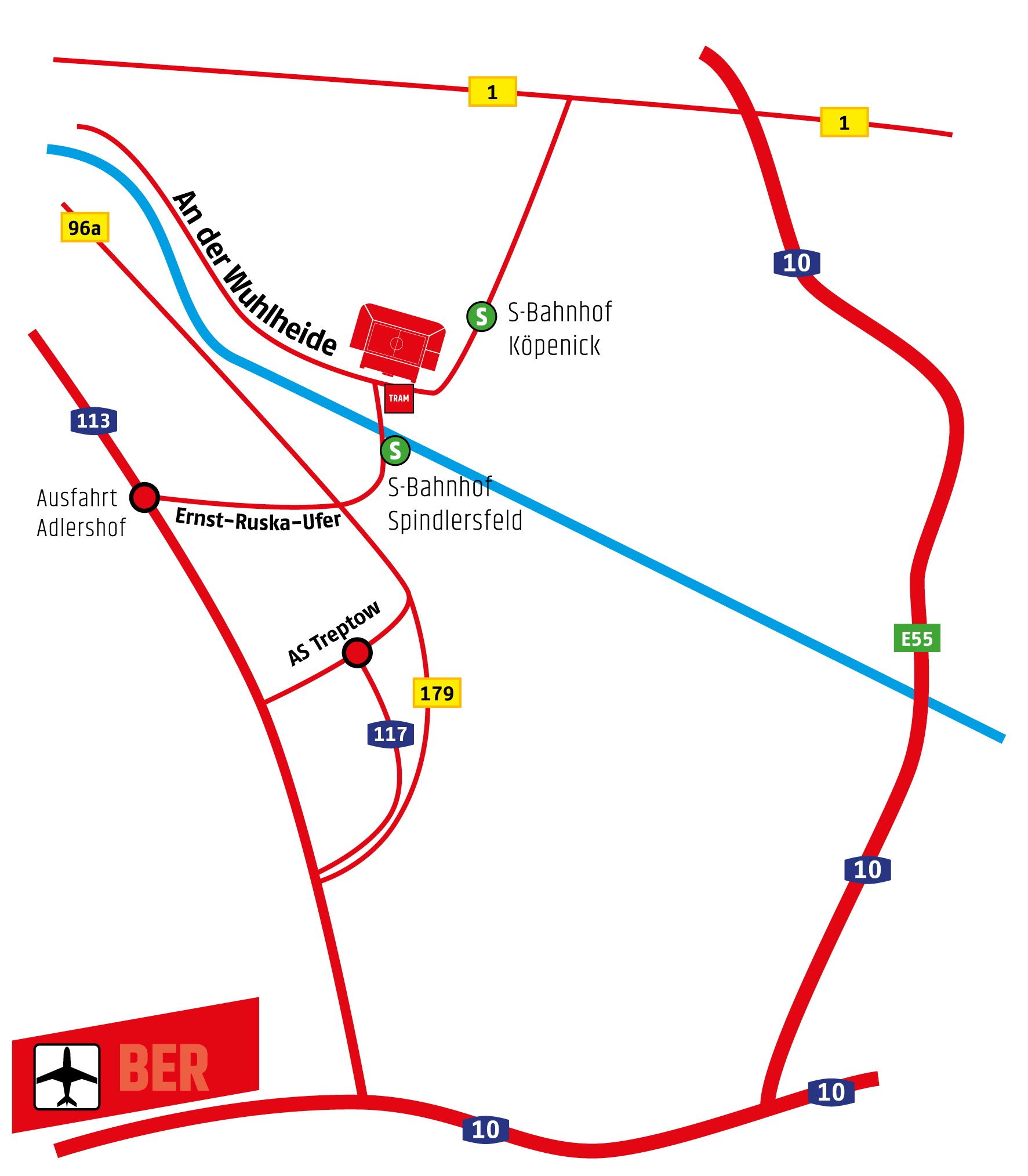 Stadtplan von Berlin mit dem Flughafen BER, Straßen- und S-Bahn-Linien sowie wichtigen Routen und Haltestellen.