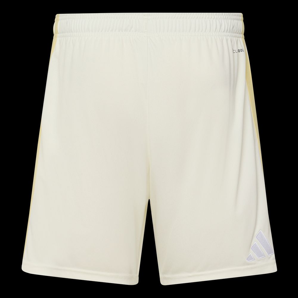 Beige Sportshorts mit elastischem Bund und Adidas-Logo in der unteren Ecke.