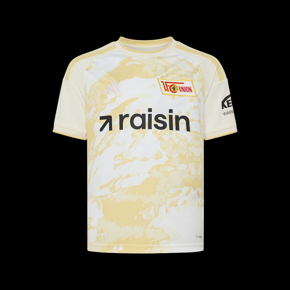 Helles Trikot der Fußballmannschaft 1. FC Union Berlin mit abgebildetem Logo, Schriftzug und einem einzigartigen Muster.