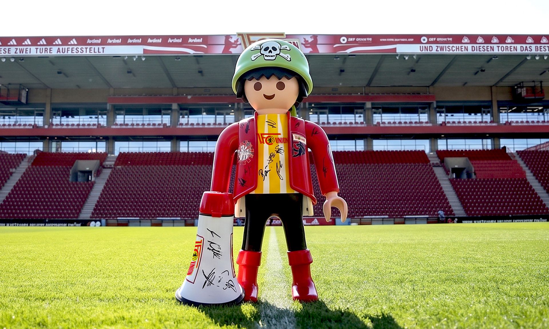 Ein Playmobil-Figur in Fußballkleidung mit einem Megaphon, steht auf dem Rasen eines leeren Stadions.