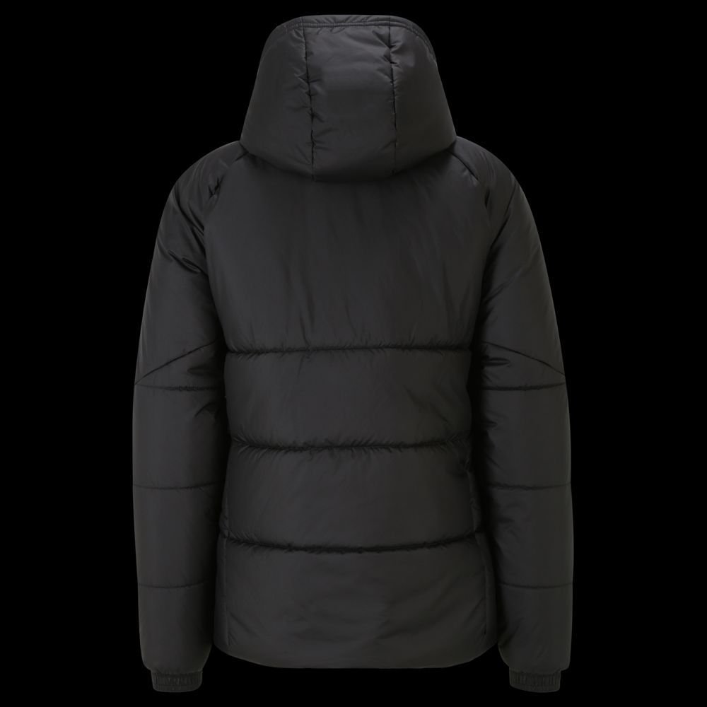 Schwarze, gepolsterte Jacke mit Kapuze, von hinten betrachtet.