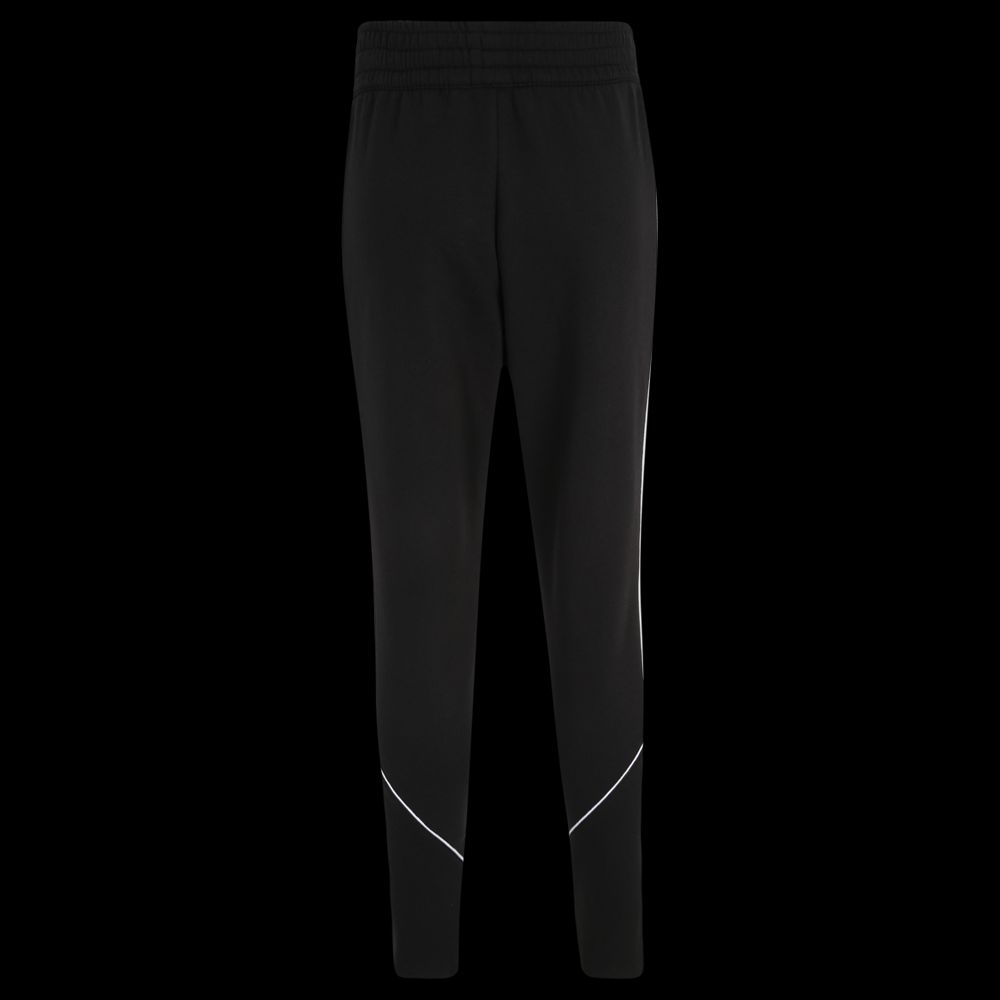 Schwarze Sporthose. Der Bund ist elastisch. Es gibt weiße Streifen an den Seiten.