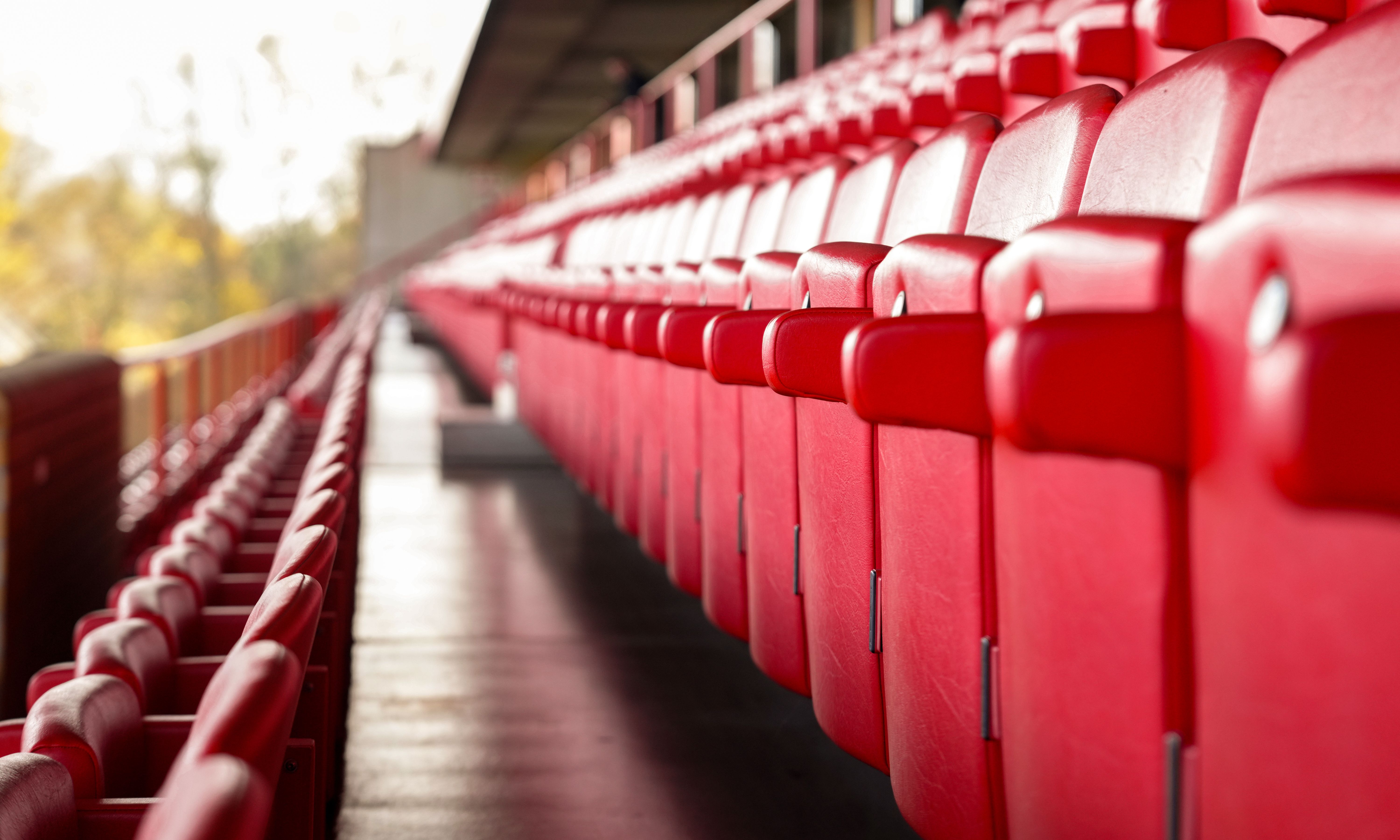 Leere rote Sitzreihen in einem Stadion, mit fokussiertem Blick auf die Polsterung und den glatten Boden.